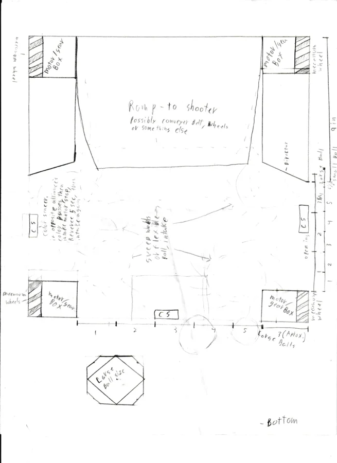 Sketch of the intake, ramp-to-shooter, and drivetrain layout with dimensions