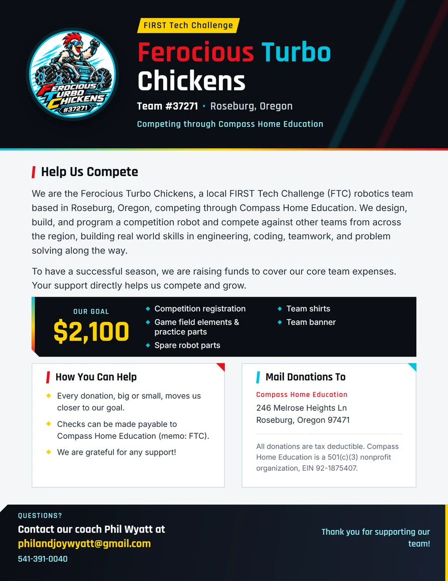 Ferocious Turbo Chickens fundraising handout flyer with team info, the $2,100 fundraising goal, and donation instructions