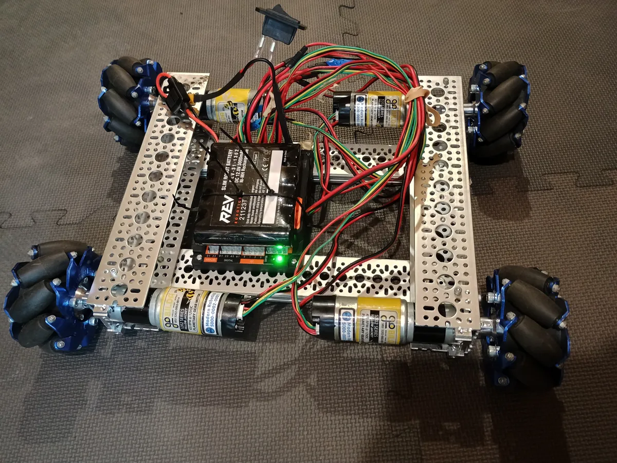 The finished chassis with the battery, Control Hub, and wiring installed, powered on