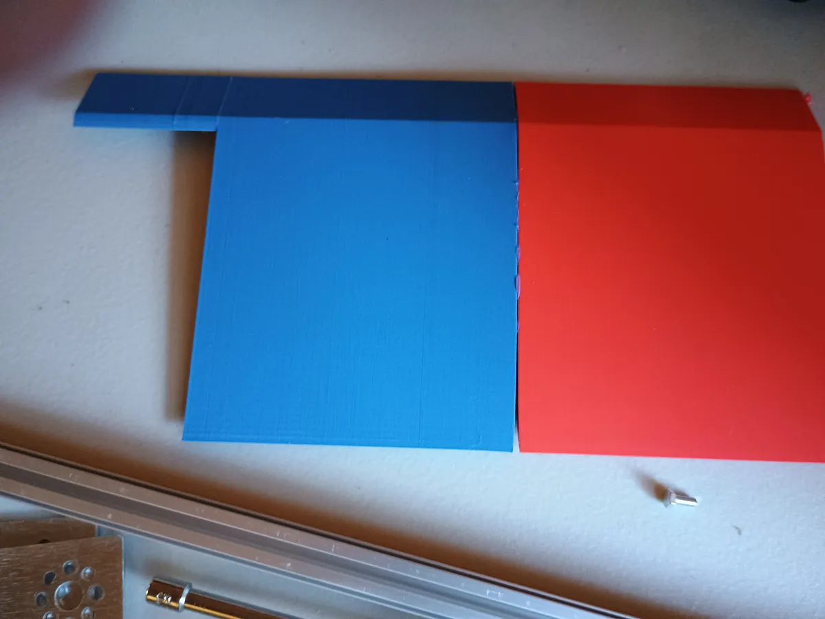 First intake ramp prototype, printed in two pieces, one blue and one red