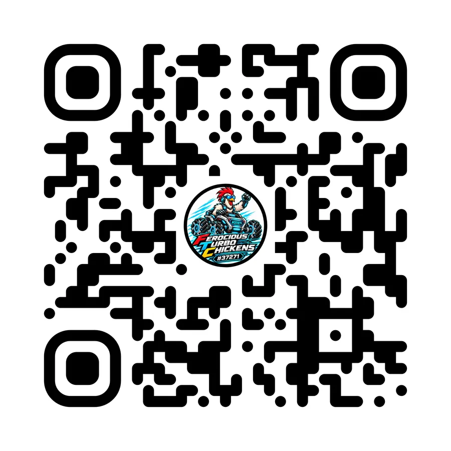 QR code with the Ferocious Turbo Chickens logo in the center, linking to ferociousturbochickens.com