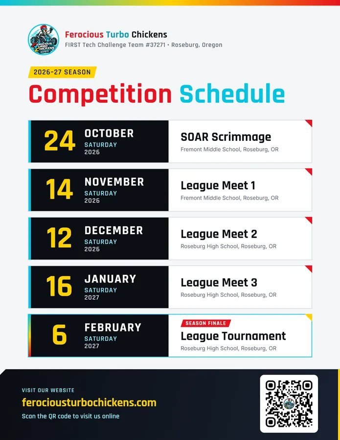 Competition schedule flyer listing the SOAR Scrimmage, League Meets 1 to 3, and the League Tournament, with our website and QR code at the bottom